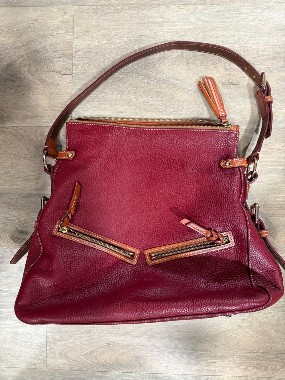 Dooney & Bourke cranberry Leather Shoulder Bag with Tan Trim - Picture 3 of 11